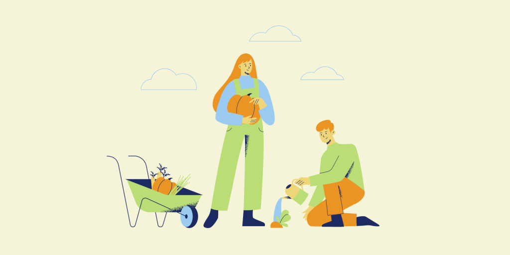 I giardinieri del cambiamento: una ragazza e un ragazzo si prendono cura di un orto: Lei tiene in mano una zucca grande e lui dà acqua ad un germoglio.