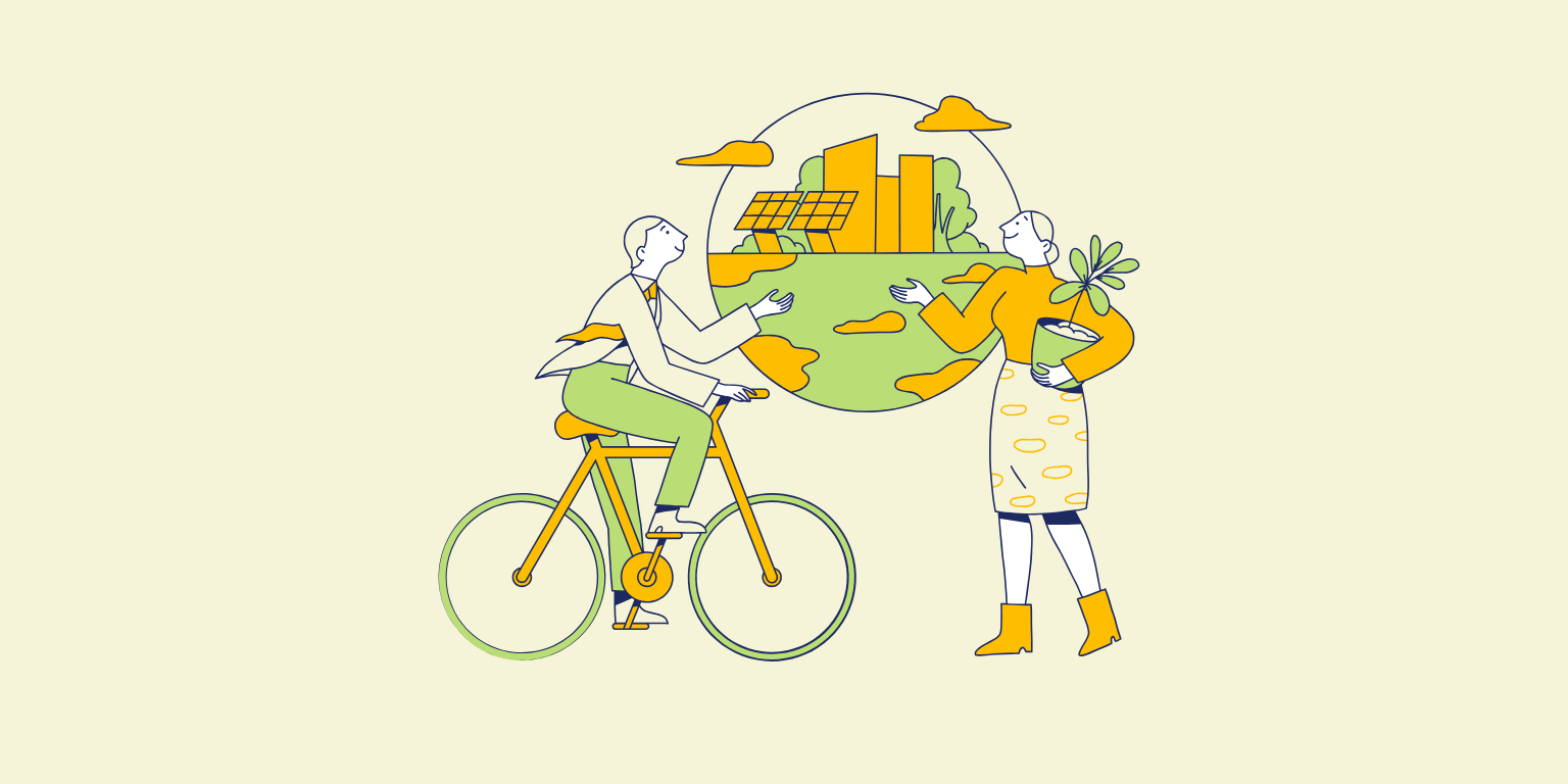 Viaggi sostenibili: due persone, un uomo in bici e una donna a piedi si sorridono guardando il mondo